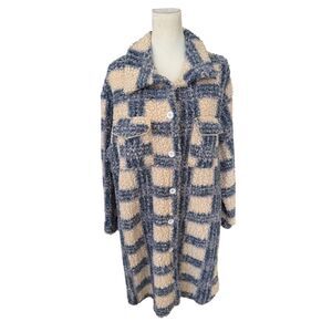 Cozy Blue and Cream Plaid Sherpa Long‎ Line Beachy Preppy Jacket Coat Sz XL